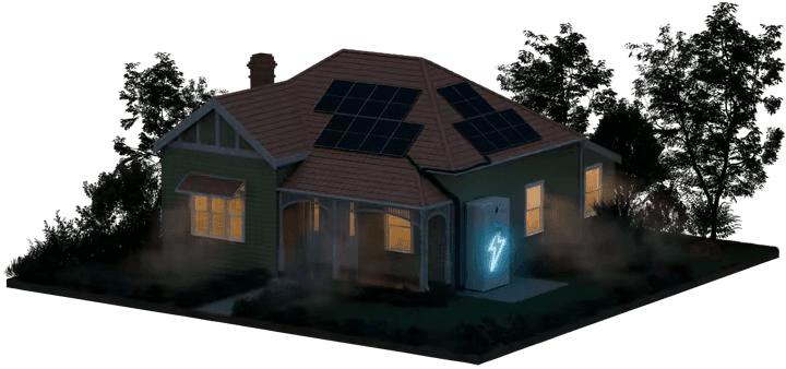 Isometric home at night with rooftop solar and a glowing SolvingZero battery