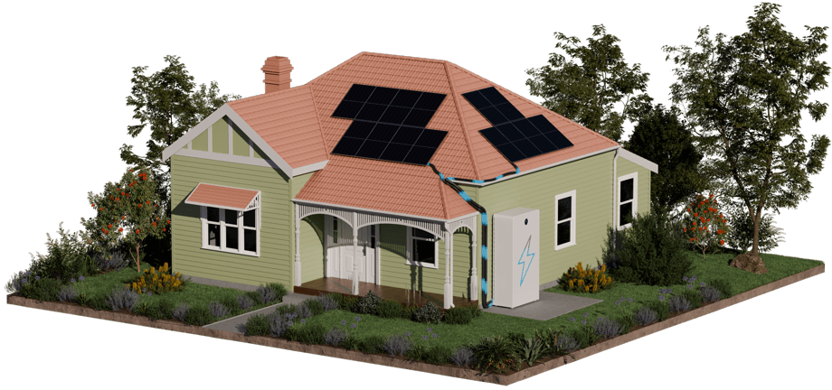 Isometric illustration of an Australian home with rooftop solar panels and a wall-mounted SolvingZero battery